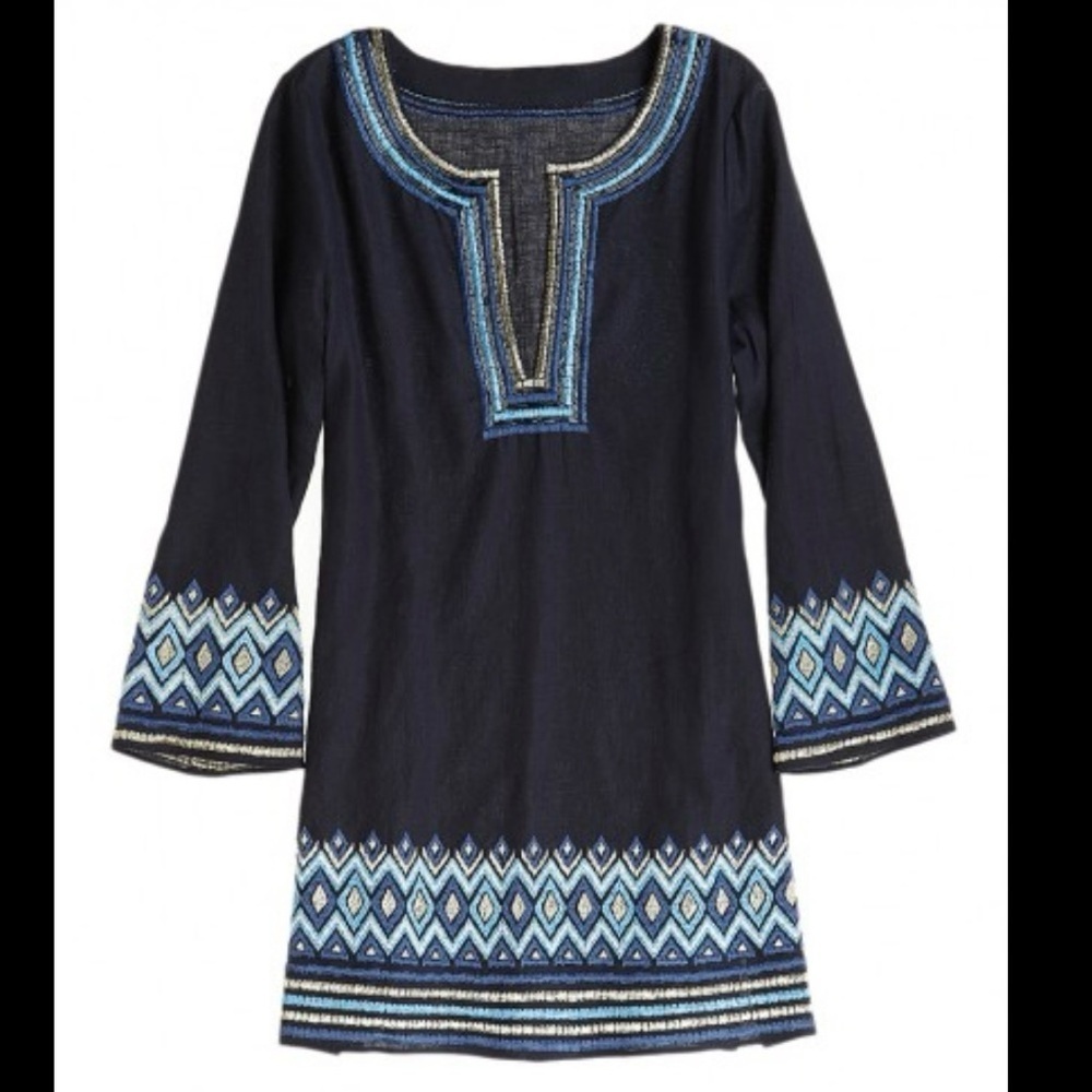 Calypso St Barth Womens Navy Linen Resort Embroidered Tunic Blouse Dress Size M